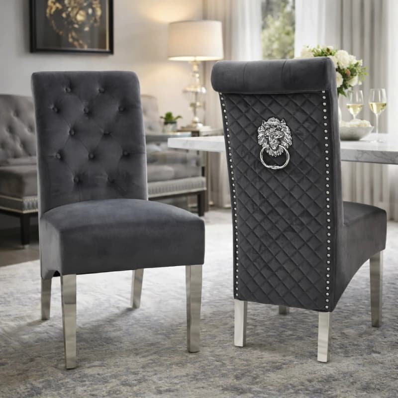 High Back Grey Dining Chairs - Lion Knocker