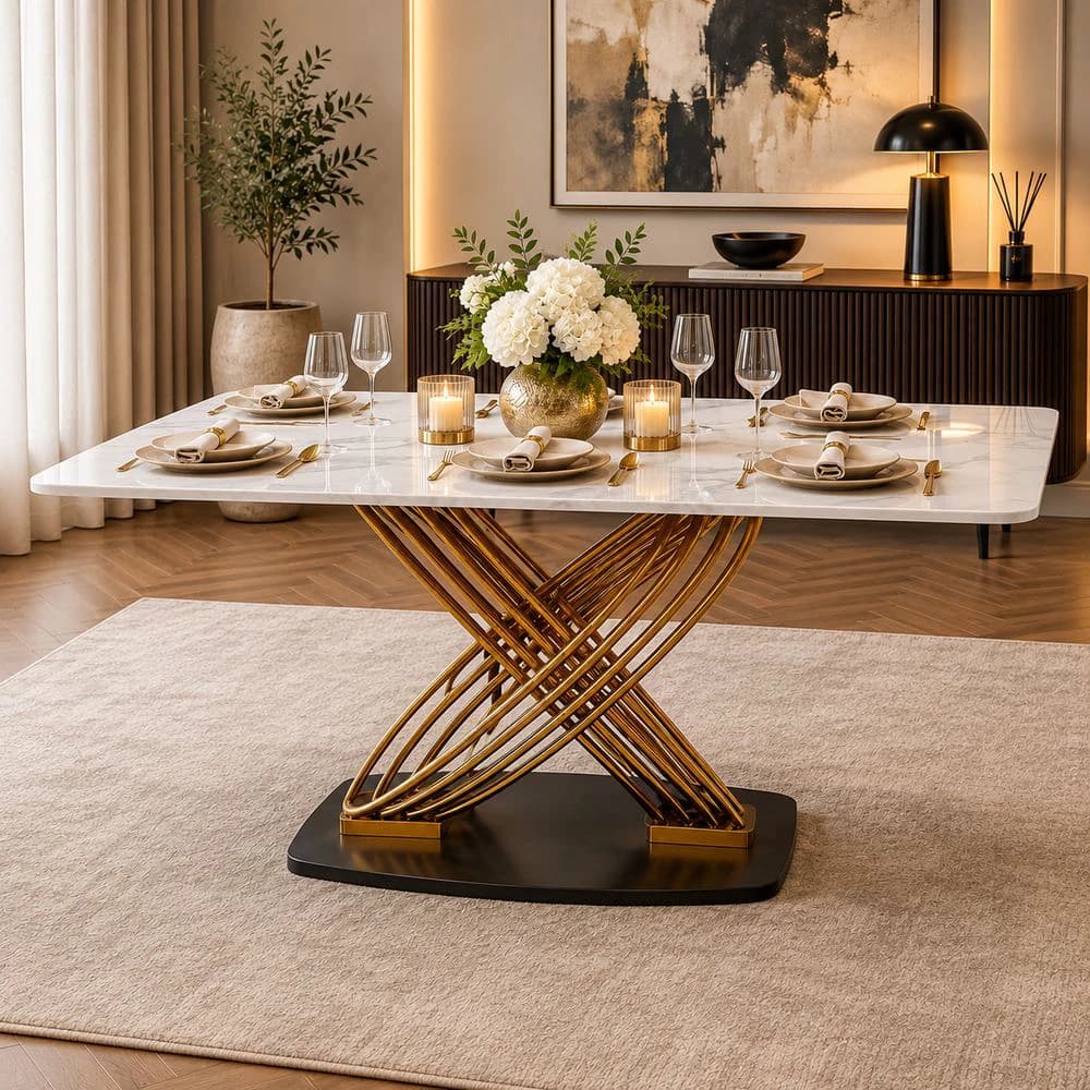 Sintered Stone Dining Table with Gold Base
