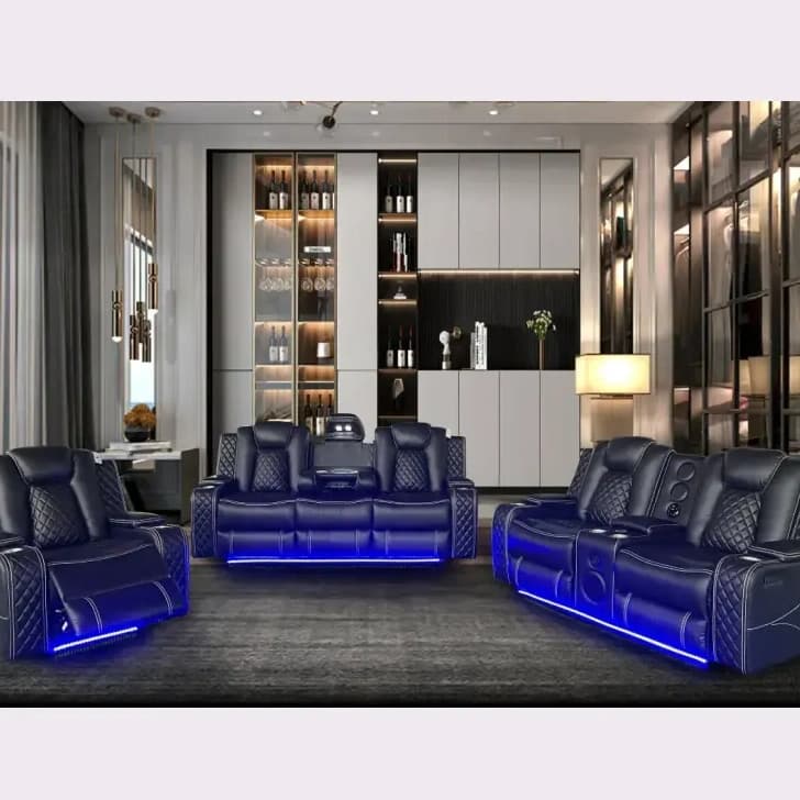 Electric Black Leather Recliner Sofa Set