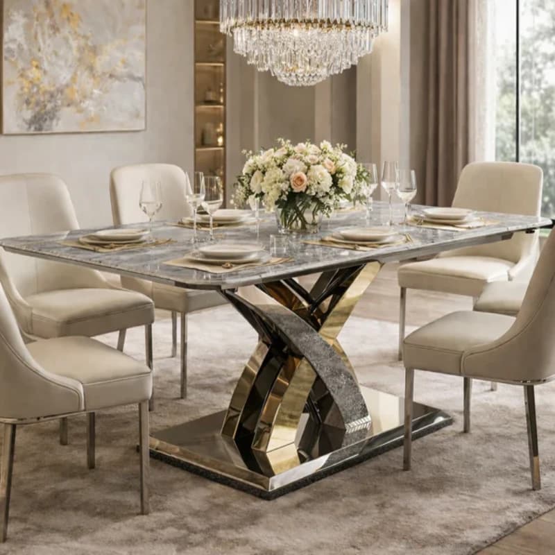 Grey Marble Dining Table with Cross Leg