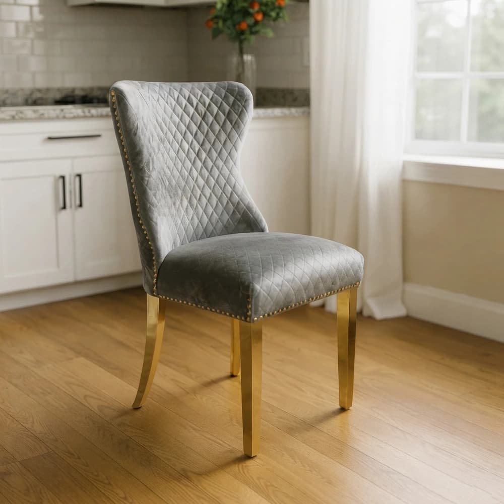 Gold Legs Dining Chairs With Lion Knocker - Light Grey