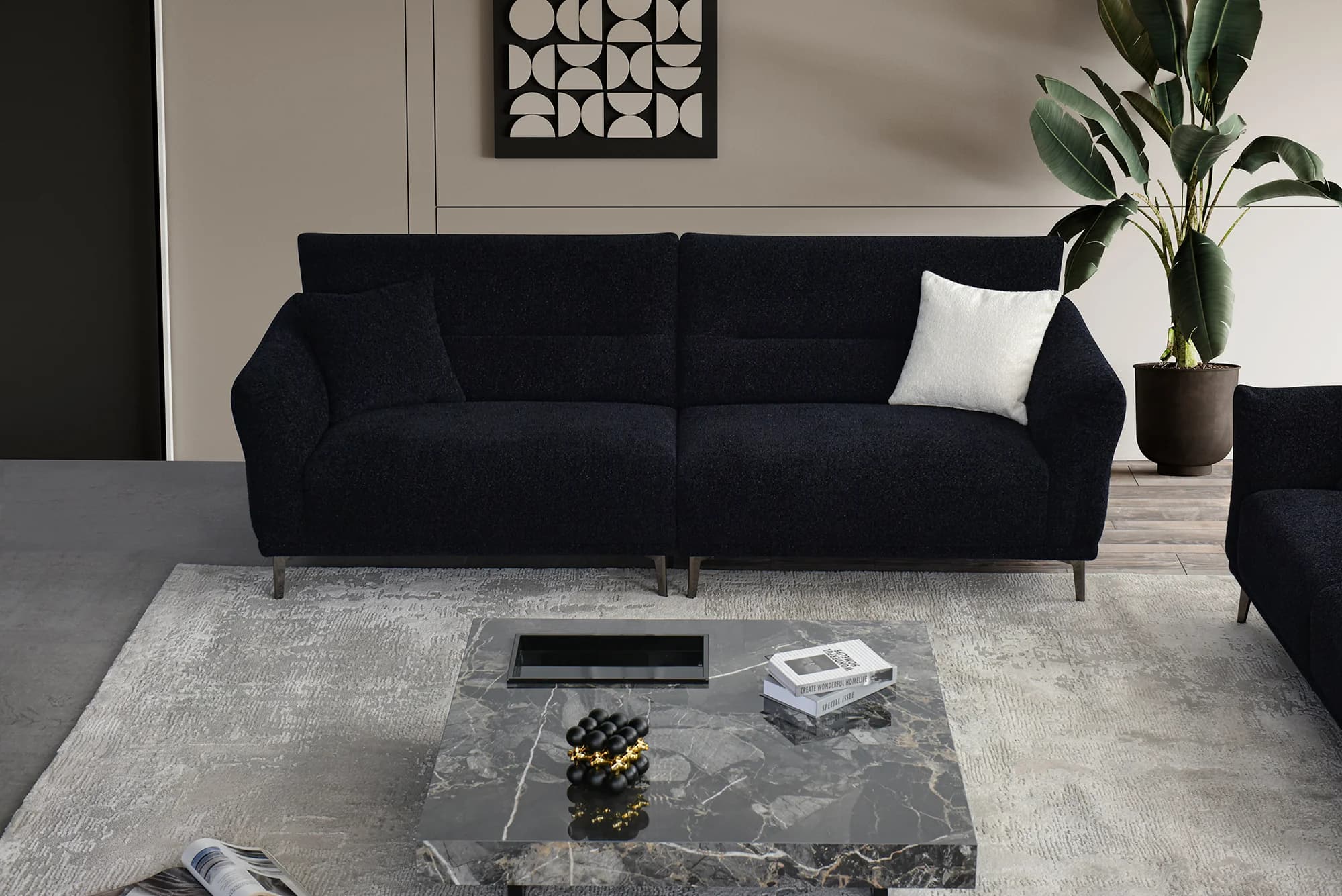 Black 3 Seater Sofa - Bouclé Fabric
