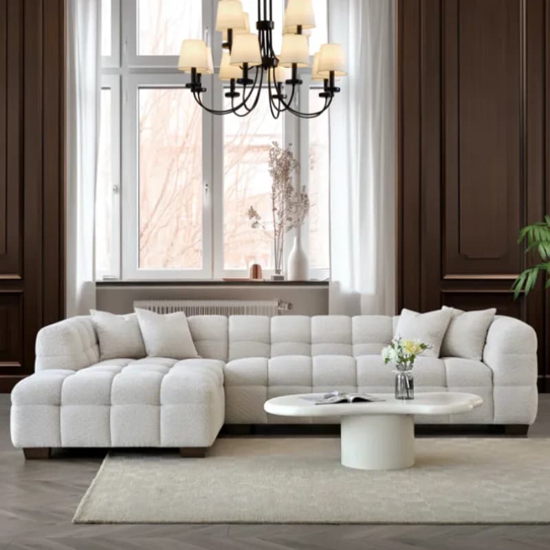 Oatmeal Corner Sofa - Bubble Tufted
