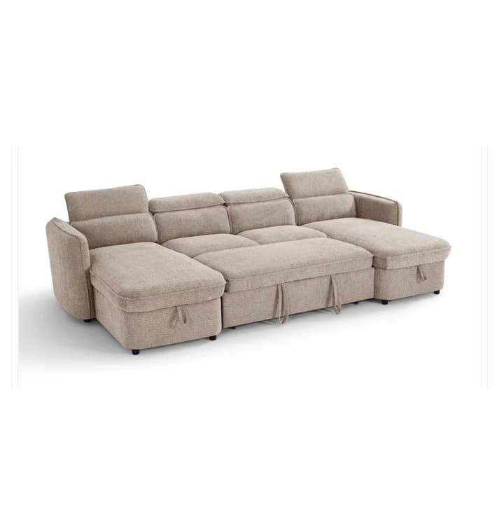 U Shape Corner Sofa Bed Beige with Storage