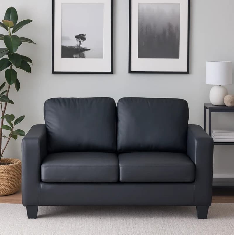 PU Leather 2 Seater Sofa -  Black